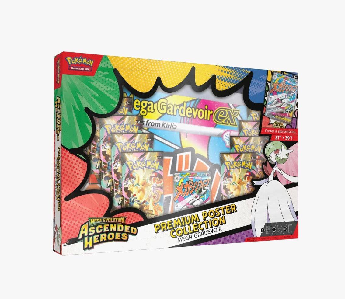 Pokemon TCG Ascended Heroes Premium Poster Collection featuring Mega Gardevoir ex foil promo card and booster packs