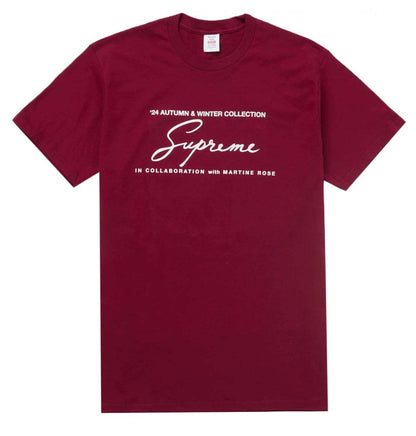 Supreme Martine Rose Tee Cardinal FW24, available in maroon and featuring the text: "’24 Autumn & Winter Collection, Supreme, in collaboration with Martine Rose.