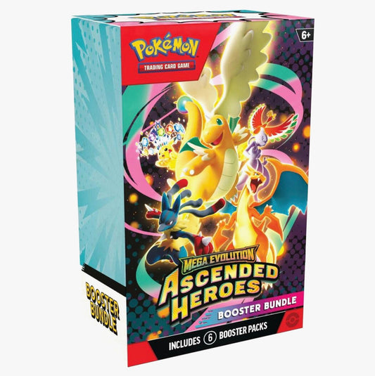 Pokemon TCG Ascended Heroes sealed booster bundle with six unopened booster packs featuring Mega Evolutions