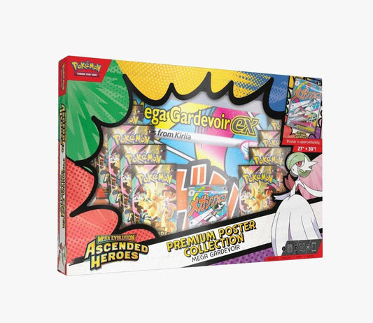 Pokemon TCG Ascended Heroes Premium Poster Collection featuring Mega Gardevoir ex foil promo card and booster packs