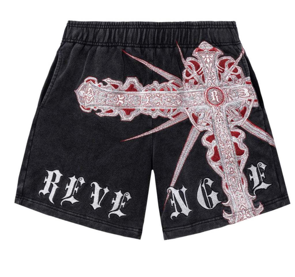 Revenge Spiked Cross Shorts FW23, large black and red, heavy embroidery.