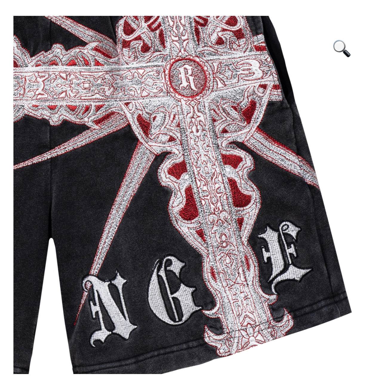 Revenge Spiked Cross Shorts FW23, large black red, heavy duty embroidery detail.